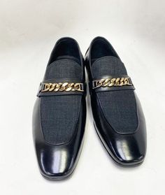 Leather & Fabric Gold Chain Loafer Black Elegant new Beveled Square Toe slip-on Loafer from the Carrucci collection in a combination of Leather and Fabric features Bailey Goldtone Chain Hardware, soft Calfskin lining with a cushioned insole, and a clean welt! Formal Loafers, Black 13, Shoe Tree, Suede Sandals, Sneaker Brands, Formal Shoes, Leather Fabric, Shoe Sale, Gold Chain