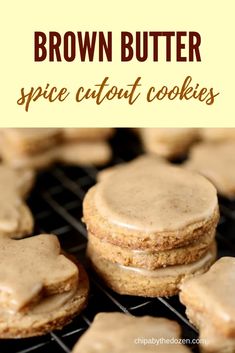 brown butter spice cutout cookies on a cooling rack with the words, brown butter spice cut out cookies