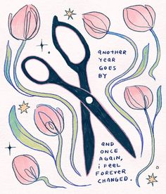 a drawing of a pair of scissors with flowers in the background