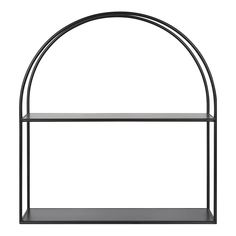 a black shelf with an arched design on the top and shelves below it, against a white background