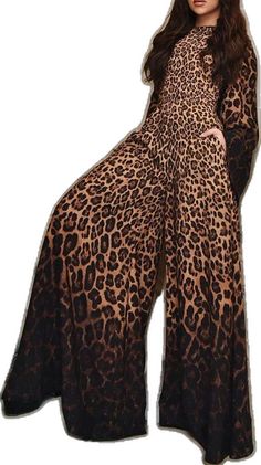 Casual High-waist Bodysuit For Fall, Stretch Wide Leg Jumpsuits For Fall, Non-stretch Wide Leg Jumpsuit For Fall, Fall Wide Leg Jumpsuits And Rompers, Stretch Wide Leg Jumpsuits And Rompers For Fall, Flared Sleeves, Neck Designs, Leopard Print, Round Neck