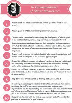 the ten commandments of marie montessori info sheet with information on how to use it