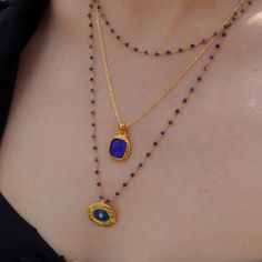 Inspired by the Bosphorus color blue, this gorgeous handmade necklace tell us beauty of the Bosphorus.  In ancient times to the present day, it is believed that lapis lazuli brings inner peace and provides spiritual protection.  Gold plated silver, Lapis Lazuli When storing the jewelry:  We advise you to preserve the silver jewelry in the box that you will receive to prevent scratches, humidity and oxidation caused by air.  When using the jewelry:  Avoid contact with chemicals, makeup, perfume. Bohemian Gold Lapis Lazuli Necklace, Luxury Lapis Lazuli Cabochon Jewelry, Lapis Lazuli Pendant Beaded Necklace For Gifts, Lapis Lazuli Pendant Beaded Necklace As Gift, Artisan Gold Lapis Lazuli Jewelry, Artisan Gold Jewelry With Lapis Lazuli, Lapis Lazuli Gemstone Beads Necklace For Gift, Sapphire Gemstone Beads Necklace In Lapis Lazuli, Gold Lapis Lazuli Spiritual Necklace