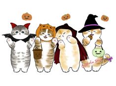 three cats dressed up as witches and one cat with a pumpkin on its head is standing in a row