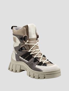 Your wardrobe will reach new heights with these mixed-media hiker boots. Featuring a color-block design, chunky lug sole, round toe, back pull-tab and lace-up closure. Hiker Boots Outfit, Salomon Boots, Fashion Sketches Men, Edgy Fits, Stylish Winter Boots, Guess Boots, Hiker Boots, High Fashion Outfits, Outdoor Boots