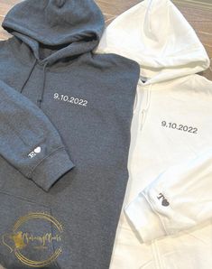 One custom embroidered Roman numeral date + initial with heart on sleeve hoodie. Wear a beautifully embroidered meaningful date such as your anniversary, wedding, or remembrance. Perfect gift for couples, anniversaries, birthdays, bridal showers, bachelorette parties, etc. Made to order and require 1-2 weeks production time. We take pride in our embroidery and make sure each item is perfect before we ship it out. Everything is customizable. In the 'Add Your Personalization' box, please state: 1) Hoodie Initials Couple, Embroidery On Bf Hoodie, Boyfriend Gifts Sweatshirts & Hoodies, Initial On Hoodie Sleeve Boyfriend, Embroidered Couple Hoodie, Wedding Sweatshirts, Roman Numerals Dates, Boyfriend Gifts Long Distance, Long Distance Boyfriend