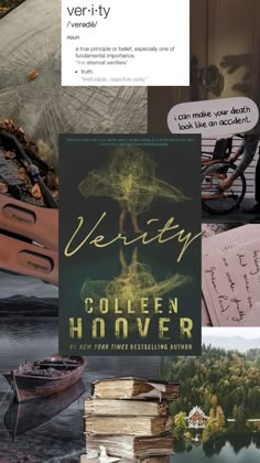 collage of books and an umbrella with the caption verity written on it, along with a boat in the water