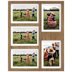 four pictures of people standing in a field with one person holding a dog and the other two