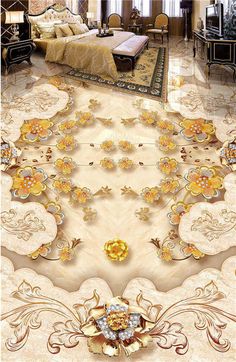 the floor is decorated with gold and white flowers, surrounded by ornately designed rugs