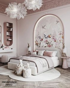 a bedroom decorated in pink and white with flowers on the wall, round rugs