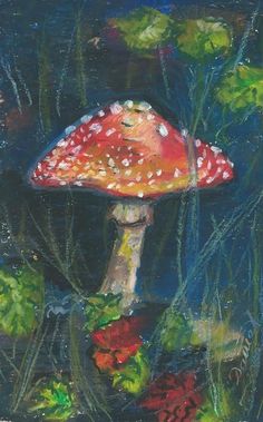 a painting of a mushroom in the grass