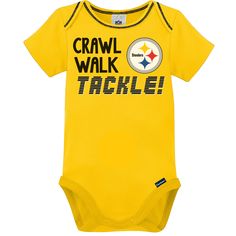 Prepare your little pint-sized all star for game day with this Pittsburgh Steelers baby boys' short sleeve bodysuit 3-pack set! The screenprint with puff and contrast coverstitch details proudly highlights the Steelers logo. There will be no doubt about who your little boy is rooting for! The cotton/poly blend interlock provides a soft, comfy feel that keeps him at the top of his game as he represents your family's favorite team. An expandable lap shoulder neckline makes pulling the bodysuit ove Short Sleeve Graphic Print Bodysuit For Playtime, Short Sleeve Bodysuit With Graphic Print For Playtime, Pre-shrunk Short Sleeve Onesie For Playtime, Short Sleeve Onesie With Name Print For Playtime, Short Sleeve Bodysuit For Playtime With Name Print, Sports Cotton Onesie With Short Sleeves, Casual Cotton Onesie For Sports Events, Casual Short Sleeve Bodysuit For Sports, Casual Short Sleeve Sports Bodysuit