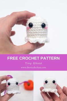 crocheted ghost amigurt pattern with text overlay that reads, free crochet pattern tiny ghost