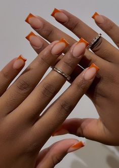 Pink French Tip Nails Black Women, Dark Orange French Tip, Orange Chrome French Tip Nails, Burnt Orange French Tip, Orange French Tip Nails Acrylics, French Tips Orange, Burnt Orange French Tip Nails, Short Orange Acrylic Nails, Orange Short Nails