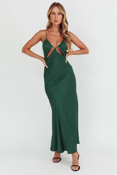 Casa Nova Cut-Out String Dress Emerald by Selfie Leslie String Dress, Fun Friday, Yellow Bridesmaids, Red Bridesmaids, Blue Bridesmaids, Satin Maxi, Iron Material, Date Night Dresses, Satin Maxi Dress