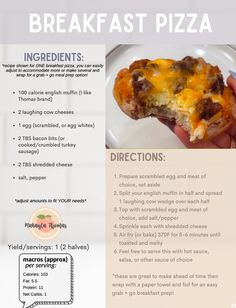 the recipe for breakfast pizza is shown in this advertisement, with instructions to make it