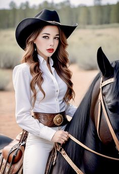 a beautiful young woman riding on the back of a black horse