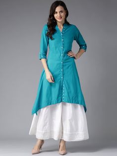 Buy HERE&NOW Women Blue Solid A Line Kurta - Kurtas for Women 1986775 | Myntra Kurti Patterns, Designer Kurti Patterns, Simple Kurti Designs, Kurti Designs Latest, Long Kurti Designs, Mode Abaya, Cotton Kurti Designs, A Line Kurta