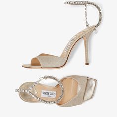 Jimmy Choo Saeda, Luxury Heels, Heels Aesthetic, Jimmy Choo Heels, Glitter Sandals, Crystal Chain, Women Lifestyle, Crystal Embellishment, Bridal Shoes