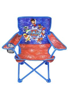 the paw patrol children's folding chair is red and blue with paw characters on it