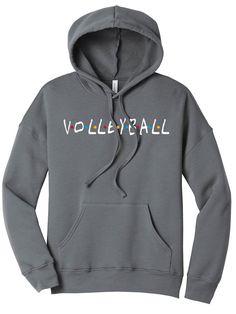 a grey sweatshirt with the word volleyball written in multicolored letters on the front