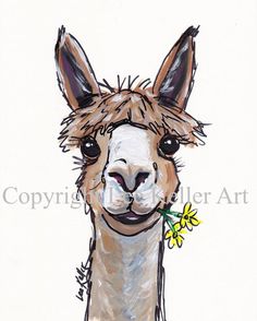 a drawing of an alpaca with a flower in its mouth