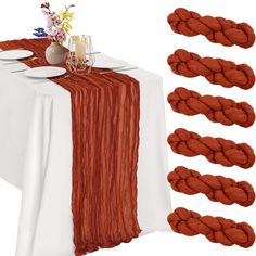 the table is covered with red yarn and plates