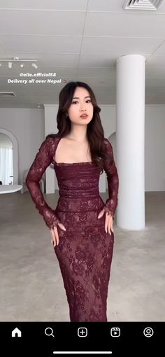 Dark Red Lace Prom Dress, 2000 Formal Dress, Prom Dress Inspiration 2024, Fancy Women Outfits, Las Vegas Dresses Outfits Night Out, Modest Grad Dresses, Dark Feminine Dresses, Dark Red Dress Aesthetic, December Wedding Guest Outfit