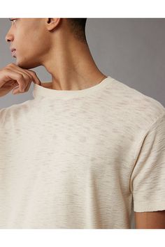 Knit cotton-blend sweater fabric/Crew neck/Short sleeves/Straight hem Casual Crew Neck T-shirt With Knit Fabrication, Cotton Crew Neck Knit Sweater, Casual Short Sleeve Textured Knit Sweater, Casual Textured Knit Short Sleeve Sweater, Casual Beige Crew Neck Sweater, Knit T-shirt With Ribbed Neckline And Short Sleeve, Knit T-shirt With Ribbed Neckline, Short Sleeve Textured Knit T-shirt, Casual Relaxed Fit Fine Knit T-shirt