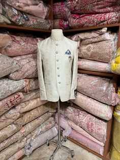 Classic Bandhgala aka Nehru Jacket. The Indian version of a suit Comes with matching trousers Crafted with a collar neckline, full sleeves, and front button closure. Occasion: Can be worn to events like Sangeet, Mehendi, & Wedding WASH CARE INSTRUCTIONS - Please Dry clean only when it is applicable. Slight color variation is possible due to digital photography. Necklace not included Mehendi Wedding, Banarasi Brocade, Mens Sherwani, Gold Pants, Nehru Jacket, French Knots, Indo Western, Extra Fabric, Churidar