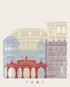 an image of a cityscape with the name pune in red, white and blue