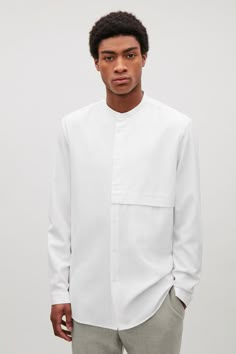 White Semi Formal Outfit Men, Shirt Without Collar, Lebaran Outfit, Grandad Collar Shirt, Freight Forwarding, Minimalist Fashion Men, Kids Winter Fashion, Collar Shirt Men, Chef Uniform