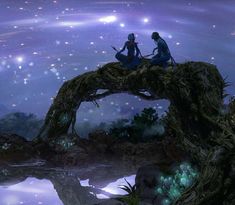 two people sitting on top of a tree branch in the middle of a night sky