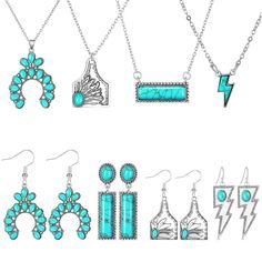 PRICES MAY VARY. Enough Quantity: you will receive 4 pieces of turquoise necklaces in different styles, and 4 pairs of turquoise earrings for women in matching styles with the necklaces; Sufficient quantity can meet daily wearing and replacement needs, a beautiful combination to dress up Adjustable Size: turquoise necklace is about 16 inches in length, with 2 inch extender chain, suitable for most women, you can easily adjust the length of the necklace to match your dressing styles, bringing a c Rodeo Jewelry, Turquoise Necklaces, Cow Tag, Jewelry Western, Cowgirl Accessories, Western Necklaces, Horseshoe Necklace, Cowgirl Jewelry, Western Earrings