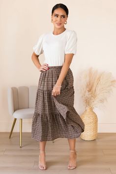 Secret Locket Tiered Skirt Fall Day Out Tiered Maxi Skirt, Chic Plaid Lined Skirt, Chic Plaid Midi Skirt, Modest Fall Skirt With Elastic Waistband, Plaid Midi Skirt With Lined Detail, Plaid Midi Skirt With Lining, Chic Plaid Flared Skirt, Chic Long Plaid Skirt, Chic Relaxed Plaid Skirt