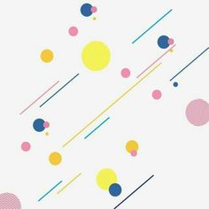 an abstract background with circles, lines and dots in pink, blue, yellow, and orange