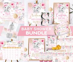 the baby shower bundle includes pink and gold items