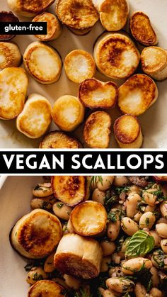 vegan scallops in a white bowl with spinach and mushrooms on the side