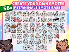 an animal emotes game with the characters in different poses and numbers on it