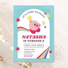 a birthday party card with an image of a cartoon character on the front and back