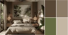 an image of a bedroom setting in shades of brown and green with palm trees on the wall