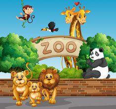 the zoo sign with many animals in front of it illustration of a picture of the zoo sign with many animals in front of it stock illustration