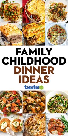 the cover of family childhood dinner ideas, with images of different foods and dishes on it