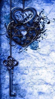 a heart shaped key hanging from a chain on top of a blue background with swirls