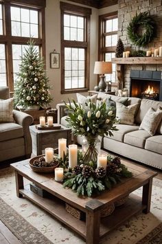 a living room filled with furniture and christmas decorations on top of a wooden coffee table