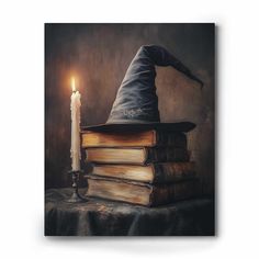 a stack of books with a lit candle in front of it and a wizard's hat on top