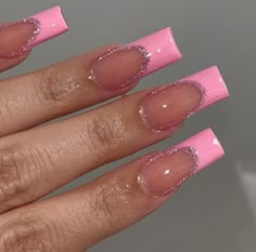 Simple Pink Birthday Nails, Pink Acrylic Ideas, Short Acrylic Nails Rhinestones, Short Pink Acrylic Nails Design, Pink Acrylics With Design, Pink Acrylic French Tips, Short Pink French Tip Acrylic Nails, Baby Pink Nails Acrylic Design, Pretty Pink Nails Acrylic