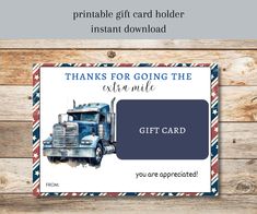 a gift card with an image of a truck on it and the words, thank you are