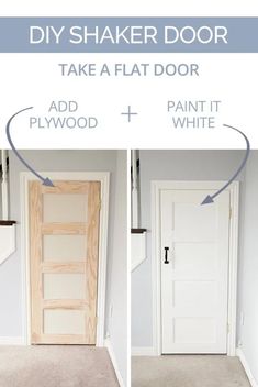 an image of a door that has been painted white with the words diy shaker door