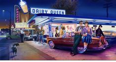 a painting of people sitting on top of a car in front of a dairy queen